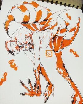  1girl antennae artist_logo bare_shoulders bent_over boots breasts closed_mouth commentary commission dated english_commentary food foot_out_of_frame highres leg_up logo looking_at_viewer marker_(medium) medium_breasts monster_girl moth_antennae no_panties nose orange_boots orange_eyes original paper_background pen_(medium) photo_(medium) poch4n shirt short_hair solo spot_color sweets thigh_boots traditional_media 