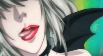  1girl animated animated_gif anime_screenshot blonde_hair collar death_note licking_lips lipstick makeup mouth_focus solo thick_lips tongue tongue_out vampire  rating:General score:6 user:retsupurae