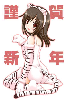  1girl alternate_costume animal_costume animal_ears animal_print ass bakemonogatari bare_shoulders blush brown_eyes brown_hair female_focus kaishinshi monogatari_(series) sengoku_nadeko short_hair simple_background solo tail thighhighs tiger_costume tiger_ears tiger_print tiger_tail tongue  rating:Questionable score:33 user:cashballer