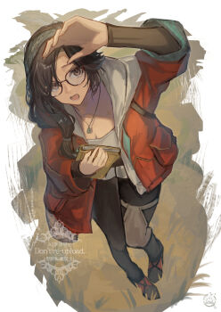  1girl alma_(monster_hunter_wilds) arm_up artist_logo artist_name black_pants book breasts brown-framed_eyewear brown_eyes brown_hair brown_shoes cleavage commentary_request from_above full_body glasses grass grey_hairband hair_over_shoulder hair_tie hairband hemorina highres holding holding_book hood hood_down hooded_jacket jacket jewelry logo long_hair long_sleeves looking_at_viewer looking_up low-tied_long_hair monster_hunter_(series) monster_hunter_wilds necklace open_clothes open_jacket open_mouth pants parted_bangs partial_commentary red_jacket shading_eyes shirt shoes solo standing watermark white_shirt 