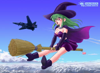  1girl above_clouds aircraft airplane akira_m artist_name belt black_belt black_boots black_gloves blue_sky boots breasts broom broom_riding cape cleavage cloud colored_skin contrail crop_top dated day elbow_gloves fighter_jet fingerless_gloves full_body gloves gradient_cape green_hair hat long_hair medium_breasts midriff military_vehicle miniskirt open_mouth original outdoors pink_eyes purple_cape purple_hat purple_shirt purple_skin purple_skirt shirt sidelocks skirt sky smile solo strapless strapless_shirt teeth upper_teeth_only vehicle_request watermark web_address witch witch_hat 
