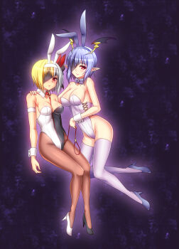2girls animal_ears asymmetrical_footwear bare_shoulders blonde_hair blue_hair blush bow bowtie breasts cleavage collar demon_girl eyepatch fake_animal_ears hairband head_wings high_heels jeanne_d&#039;arc_(lord_of_vermilion) large_breasts leash lilith_(lord_of_vermilion) lord_of_vermilion mismatched_footwear multicolored_hair multiple_girls pantyhose playboy_bunny pointy_ears rabbit_ears red_eyes shoes short_hair slave sleeveless surume_(clavis) thighhighs two-tone_hair white_hair white_legwear wings wrist_collar wrist_cuffs