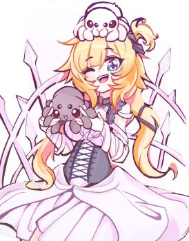  1girl akai_haato alternate_costume black_corset blonde_hair blue_eyes bug commentary corset cowboy_shot dress english_commentary highres holding hololive long_hair one_eye_closed open_mouth simple_background smile solo spider troubleshooter_bun twintails virtual_youtuber white_background white_dress 