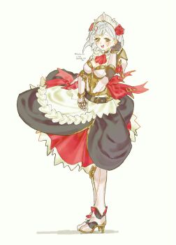 1girl apron arm_armor armor artist_name ascot back_bow banthyo_hiyo belt black_belt black_dress black_gloves blush boots bow braid breastplate breasts commentary cuisses dress floating_clothes flower from_side full_body genshin_impact gloves gold_trim green_eyes grey_hair hair_flower hair_ornament hand_up high_heel_boots high_heels highres long_sleeves looking_at_viewer medium_breasts noelle_(genshin_impact) open_mouth red_ascot red_bow red_dress red_flower red_rose rose shadow short_hair shoulder_armor simple_background single_braid smile solo standing untranslatable_commentary teeth tongue two-tone_dress waist_apron white_apron white_armor white_background white_boots white_dress white_headdress