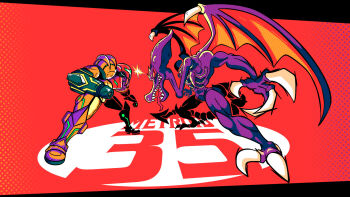  1boy 1girl anniversary arm_cannon armor claws colored_skin commentary copyright_name dragon english_commentary fangs from_side highres metroid ngz0ne nintendo power_armor power_suit_(metroid) purple_skin red_background ridley samus_aran two-tone_armor weapon wings 