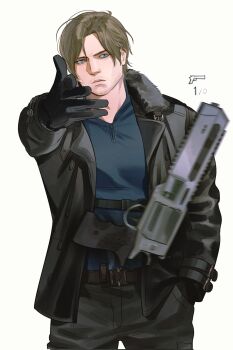  1boy arm_up belt belt_buckle black_belt black_gloves black_jacket black_pants blue_eyes blue_shirt brown_hair buckle closed_mouth commentary_request frown gloves gun hand_in_pocket handgun highres jacket korean_commentary lapels leon_s._kennedy long_sleeves male_focus meme notched_lapels open_clothes open_jacket pants parted_hair resident_evil resident_evil_requiem shirt simple_background solo songyeerhu weapon white_background woe_plague_be_upon_ye_(meme) wrist_belt 