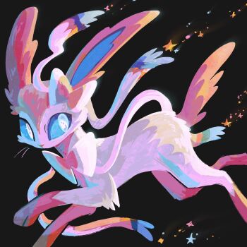  andewitt animal_focus black_background blue_eyes blue_sclera bow colored_sclera commentary english_commentary gen_6_pokemon highres looking_at_viewer nintendo no_humans pink_fur pokemon pokemon_(creature) pokemon_focus ribbon solo star_(symbol) sylveon tail two-tone_fur white_fur 