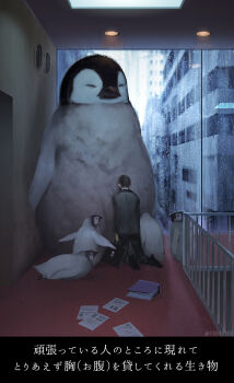 1boy animal bag bird black_bag black_jacket black_pants black_shoes book closed_eyes commentary_request dress_shirt faceplant fantasy fluffy formal_clothes holding holding_bag indoors jacket kneeling monokubo original oversized_animal pants paper penguin railing rain resting shirt shoes suit suit_jacket suit_pants translation_request white_shirt window 