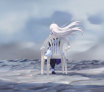  1girl blue_dress celestia_(strinova) chair chinese_commentary commentary_request devil_may_cry_(series) devil_may_cry_5 dress floating_hair from_behind full_body long_hair meme monobloc_(chair) on_chair outdoors sitting solo strinova vergil's_chair_(meme) white_hair wide_shot wind xian_hua_piao_piao_yang 
