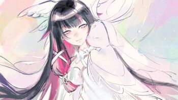  1girl 1other animal_ears animal_nose artist_name black_hair blue_background blunt_bangs blush bow bowtie choker closed_eyes closed_mouth colored_inner_hair colored_skin colorful_background columbina_(genshin_impact) crescent dress empty_eyes feathered_wings genshin_impact gradient_hair green_background hair_ornament hair_tubes hashtag-only_commentary hazukt1 head_wings highres long_hair looking_at_another multicolored_hair multiple_wings no_mouth orange_background pink_background pink_hair purple_eyes purple_skin purple_veil sidelocks smile two-tone_hair veil very_long_hair watermark white_bow white_bowtie white_choker white_dress wings x_hair_ornament 