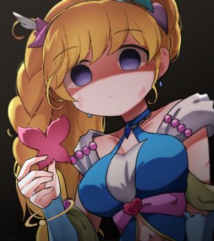  1girl arm_warmers asahina_mirai blonde_hair blue_arm_warmers blue_choker braid breasts bruise bruise_on_face choker commentary_request cure_miracle cure_miracle_(sapphire_style) diamond-shaped_brooch diamond_brooch earrings empty_eyes folded_braid gyaheung hat hat_ornament heart heart_hat_ornament holding injury jewelry large_breasts long_hair magical_girl mahou_girls_precure! mini_hat mini_witch_hat navel pink_hat precure purple_eyes simple_background wide_ponytail witch_hat 