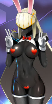  1girl aeda_type-g artist_name auto_guard_system bad_id bad_pixiv_id black_skin bow bowtie breasts colored_skin double_v faceless fishnets gloves highres jazz_jack last_origin navel pasties rabbit_ears robot shiny_skin signature solo thighhighs v  rating:Questionable score:17 user:Rikko-43