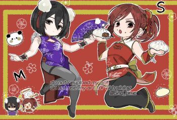  2girls 5nd_0mc alternate_costume bare_shoulders belt black_hair black_pants black_shoes breasts brown_eyes brown_hair chibi chibi_inset china_dress chinese_clothes cleavage cleavage_cutout closed_mouth clothing_cutout commentary dot_mouth dress facial_scar flower_knot folding_fan food food_on_face full_body gold_trim grey_eyes grey_pantyhose hair_between_eyes hair_ornament hand_fan holding holding_fan initial long_hair medium_breasts mikasa_ackerman multiple_girls pants pantyhose pelvic_curtain pom_pom_(clothes) pom_pom_hair_ornament ponytail purple_dress red_background red_dress sasha_blouse scar scar_on_cheek scar_on_face shaded_face shingeki_no_kyojin shoes short_hair sleeveless sleeveless_dress sparkling_eyes steamed_bun swept_bangs symbol-only_commentary tassel tassel_hair_ornament twintails white_belt 