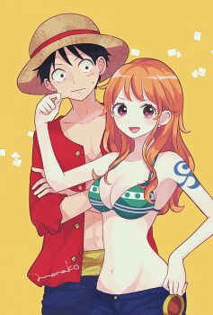  1boy 1girl bare_arms bare_shoulders bikini bikini_top_only black_hair blue_pants blue_shorts blush breasts brown_eyes cheek_pull cleavage closed_mouth collarbone commentary_request cowboy_shot crossed_arms denim earrings facial_scar green_bikini halterneck hand_on_another's_cheek hand_on_another's_face hat height_difference highres jeans jewelry long_hair looking_at_viewer medium_breasts monkey_d._luffy nami_(one_piece) navel one_piece open_clothes open_mouth open_shirt orange_hair pants pearl_earrings red_shirt sash scar scar_on_cheek scar_on_chest scar_on_face shinogo_no shirt shorts shoulder_tattoo stomach straw_hat sweatdrop swimsuit tattoo wavy_hair yellow_background yellow_sash 