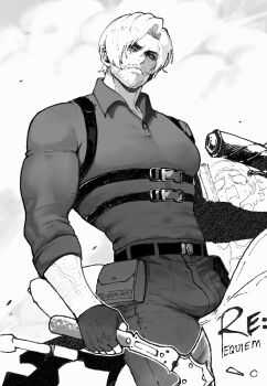  1boy 1girl abs axe bulge commentary english_commentary facial_hair gloves grace_ashcroft greyscale hatchet_(axe) highres holding holding_axe holding_weapon large_pectorals leon_s._kennedy male_focus mature_male monochrome motor_vehicle motorcycle muscular muscular_arms muscular_male nyantcha pants parted_bangs pectorals resident_evil resident_evil_requiem shirt short_hair weapon 