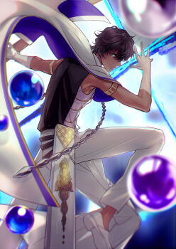 1boy arjuna_(fate) arjuna_(third_ascension)_(fate) armlet black_hair blue_background cape dark-skinned_male dark_skin elbow_gloves fate/grand_order fate_(series) gloves jewelry leg_up looking_at_viewer male_focus orb pants sleeveless solo sunday31 white_gloves white_pants