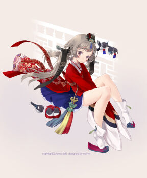  1girl beoseon bird blush_stickers braid brown_eyes brown_hair comet_(teamon) danghye female_focus hair_ornament hair_ribbon hair_stick jokduri kaku-san-sei_million_arthur korean_clothes long_hair long_sleeves maedeup million_arthur_(series) original ribbon shoe_dangle simple_background sleeves_over_hands sleeves_past_wrists smile solo tassel 