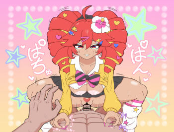  1boy 1girl abs bar_censor black_hairband black_skirt blonde_hair bow breasts censored cleavage clothes_lift collarbone collared_shirt commentary_request cowgirl_position dark-skinned_female dark-skinned_male dark_skin drill_hair felu_taro flower gradient_background gyaru hair_flower hair_ornament hairband hairclip heart heart-shaped_pubic_hair heart_hair_ornament hetero highres kasane_teto kasane_teto_(sv) large_breasts looking_at_viewer loose_socks magical_miracle_metagalphose_(synthesizer_v) motion_lines multicolored_hair nipple_stimulation nipples penis pink_background pink_nails pleated_skirt pov pov_hands pubic_hair red_eyes red_hair red_pubic_hair sex shaped_pubic_hair shirt shirt_lift skirt socks star_(symbol) star_hair_ornament straddling streaked_hair striped_bow sweater sweater_lift synthesizer_v teeth twin_drills veins veiny_penis white_flower white_shirt white_socks yellow_background yellow_sweater 