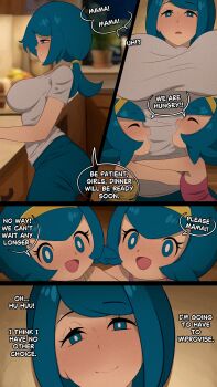  3girls absurdres blue_eyes blue_hair breasts child closed_mouth female_focus g_reaper hairband harper_(pokemon) highres lana's_mother_(pokemon) large_breasts mother_and_child mother_and_daughter multiple_girls nintendo paid_reward_available panels parent_and_child pink_shirt pokemon pokemon_(anime) pokemon_the_series:_sun_&amp;_moon ponytail profile sarah_(pokemon) shirt short_hair siblings sisters sleeveless sleeveless_shirt smile speech_bubble twins white_shirt yellow_hairband yellow_shirt  rating:Sensitive score:90 user:MonsieurCinq