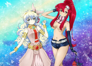  2girls absurdres arm_up armlet bare_shoulders belt bikini black_gloves black_shorts blue_eyes blue_hair bracelet breasts closed_mouth commentary_request convenient_hair cross-shaped_pupils curly_hair dress elbow_gloves fingerless_gloves flame_print gloves hair_between_eyes hair_ornament hair_stick hand_up highres holding holding_swimsuit holding_unworn_clothes jewelry long_hair looking_at_viewer medium_breasts memory_(prophet5) multicolored_hair multiple_girls navel necktie nia_teppelin no_legwear pink_dress pink_scarf ponytail red_hair red_necktie scarf short_shorts shorts sidelocks single_elbow_glove skull_hair_ornament sleeveless sleeveless_dress small_breasts smile square-end_necktie standing stomach striped_clothes striped_scarf studded_belt studded_bracelet swimsuit symbol-shaped_pupils tengen_toppa_gurren_lagann topless_female two-tone_hair unworn_bikini_top unworn_swimsuit white_hair yellow_eyes yoko_littner 