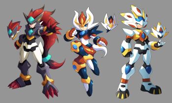  absurdres armor biometal blue_eyes cinderace cinderace_(cosplay) cosplay crossover full_body gen_5_pokemon gen_7_pokemon gen_8_pokemon grey_background gun highres legendary_pokemon mega_man_(series) mega_man_zx nintendo outstretched_arm parody pokemon power_armor science_fiction solgaleo solgaleo_(cosplay) standing style_parody ultimatemaverickx weapon zoroark zoroark_(cosplay) 