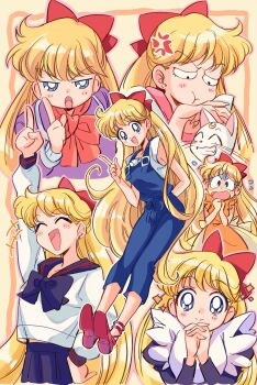  1girl ^_^ aino_minako alternate_costume arm_behind_back artemis_(sailor_moon) bishoujo_senshi_sailor_moon bishoujo_senshi_sailor_moon_stars blonde_hair blouse blue_eyes blue_overalls bow cat closed_eyes crescent crescent_facial_mark facial_mark hair_bow hand_on_own_hip highres long_hair overalls own_hands_clasped own_hands_together red_bow school_uniform serafuku shiba_koen_middle_school_uniform shirt suzuki_(2red_moon3) very_long_hair white_shirt  rating:Sensitive score:16 user:danbooru