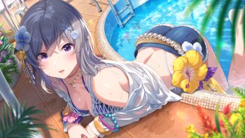  1girl bent_over bikini bracelet flower game_cg grey_hair hair_flower hair_ornament idoly_pride jewelry kanzaki_rio leaf lying necklace official_art on_stomach open_mouth pool pool_ladder purple_eyes short_shorts shorts solo star_(symbol) swimsuit table 