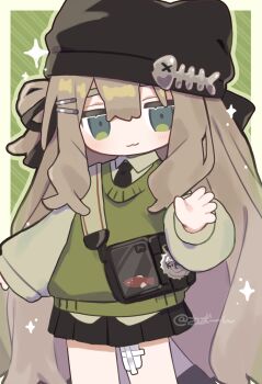  1girl :3 akikan_sabako bag bandaid bandaid_on_leg black_hat black_necktie black_skirt blush border brown_hair closed_mouth collared_shirt commentary cowboy_shot diagonal-striped_background fish_skeleton_hat_ornament green_background green_eyes green_shirt green_sweater_vest hair_between_eyes hand_up hat hat_ornament highres kipfel_(vrchat) long_hair long_sleeves looking_at_viewer miniskirt necktie one-hour_drawing_challenge outside_border pleated_skirt shirt skirt smile solo striped_background sweater_vest very_long_hair vrchat white_border 
