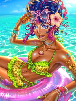  1girl adjusting_eyewear animal_print arm_markings armlet asymmetrical_bangs babybeetlekat backlighting bead_necklace beads bikini bikini_skirt blonde_streaks blue_eyes blue_eyeshadow blue_hair blue_sky blunt_sidelocks body_markings bow bow_bikini bow_ring bracelet breasts caustics cleavage cloud collarbone colored_eyelashes colorful commentary commission curly_sidelocks dark-skinned_female dark_skin diagonal_bangs earrings english_commentary eye_glitter eyeshadow eyewear_on_head face_piercing feet_out_of_frame fingernails flourish_(design) flower flower_armlet foreshortening frilled_bikini frilled_skirt frills from_side glint glitter gold_armlet gold_necklace gold_piercing gold_ring green_bikini green_trim gyaru gyaru_makeup hair_flower hair_ornament hairclip hand_rest heart heart_o-ring hibiscus highlighter_(makeup) highres horizon jewelry kanzashi legs_together leopard_print leopard_print_bikini leopard_print_panties light_smile lip_piercing lips long_eyelashes long_fingernails looking_at_viewer makeup manba_gyaru mascara medium_breasts multicolored_bikini multicolored_hair multicolored_nails multiple_bracelets nail_art nail_ornament navel_piercing necklace o-ring o-ring_bikini_bottom ocean on_water open_mouth original ornate_ring panties parallel_hairclips pearl_choker pearl_hair_ornament pearl_necklace perspective piercing pink-framed_eyewear pink_flower pink_streaks ponytail print_bikini print_panties print_skirt procreate_(medium) ring ringlets shell shell_necklace shiny_skin short_eyebrows short_ponytail side-tie_panties sidelocks sitting skirt sky solo sparkle_background sparkling_eyes split_ponytail stomach stomach_piercing streaked_hair studded_bracelet summer sunlight swim_ring swimsuit teeth thigh_marking tropical tsumami_kanzashi two-tone_bikini two-tone_flower two-tone_panties two-tone_skirt underwear upper_teeth_only yellow_bikini yellow_flower yellow_panties 
