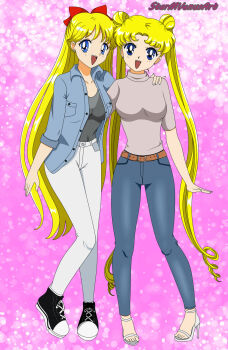  2girls adult_swim aino_minako bishoujo_senshi_sailor_moon bishoujo_senshi_sailor_moon_r bishoujo_senshi_sailor_moon_r:_the_movie bishoujo_senshi_sailor_moon_s bishoujo_senshi_sailor_moon_s_the_movie:_kaguya-hime_no_koibito bishoujo_senshi_sailor_moon_supers bishoujo_senshi_sailor_moon_supers_the_movie:_sailor_9_senshi_shuuketsu!_black_dream_hole_no_kiseki blonde_hair blue_eyes denim high_heels highres jeans multiple_girls outdoors pants shirt shoes toei_company toonami tsukino_usagi viz_media  rating:General score:3 user:calum1998