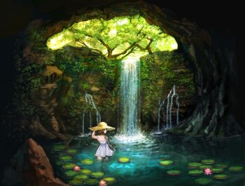  1girl absurdres brown_eyes brown_hair cave_interior commentary commission dress english_commentary hat highres lily_pad looking_back meltted original scenery sun_hat tree wading water waterfall white_dress 