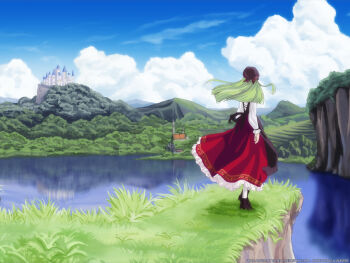  00s arms_at_sides back bandana black_bandana c.c. castle cliff code_geass day dress green_hair highres long_hair outdoors pantyhose plant reflection scenery solo standing white_pantyhose  rating:Sensitive score:7 user:danbooru