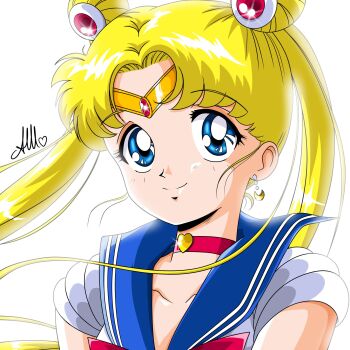  1girl anello81 bishoujo_senshi_sailor_moon blonde_hair blue_eyes blue_sailor_collar bow choker commentary double_bun earrings elbow_gloves english_commentary gloves hair_bun heart heart_choker highres jewelry long_hair red_bow red_choker sailor_collar sailor_moon sailor_senshi_uniform smile solo tsukino_usagi twintails very_long_hair white_gloves 