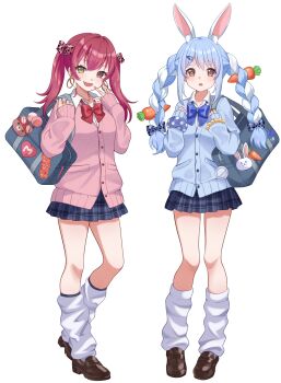 absurdres alternate_costume animal_ears bag blue_cardigan blue_hair braid cardigan commentary_request full_body gyaru heterochromia highres holding holding_bag hololive houshou_marine leg_warmers long_hair multicolored_hair nametakeko pink_cardigan pleated_skirt rabbit_ears rabbit_girl red_eyes red_hair shirt simple_background skirt twin_braids twintails two-tone_hair usada_pekora virtual_youtuber white_background white_hair white_leg_warmers white_shirt yellow_eyes rating:General score:6 user:danbooru
