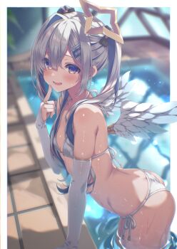  1girl absent absurdres amane_kanata angel angel_wings bikini blue_hair blush bow breasts bridal_gauntlets colored_inner_hair commentary_request feathered_wings finger_to_cheek flat_chest gold_ring gradient_wings grey_hair hair_bow hair_ornament hairclip halo highres hololive long_hair looking_at_viewer micro_bikini middle_ring mini_wings multicolored_hair multicolored_wings multiple_hair_bows official_alternate_hair_length official_alternate_hairstyle open_mouth pink_streaks plant pool purple_eyes shadow short_hair short_twintails side-tie_bikini_bottom single_hair_intake smile solo star_halo streaked_hair swimsuit twintails virtual_youtuber wet white_bikini white_bridal_gauntlets white_wings wings 