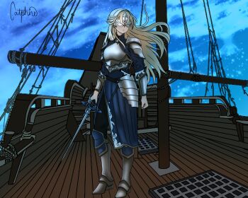  1girl absurdres armor blonde_hair breastplate catphine contrapposto covered_eyes floating_hair full_body highres holding holding_sword holding_weapon incredibly_absurdres long_hair nephis_(shadow_slave) night outdoors shadow_slave ship ship_deck shoulder_armor solo standing sword watercraft weapon 