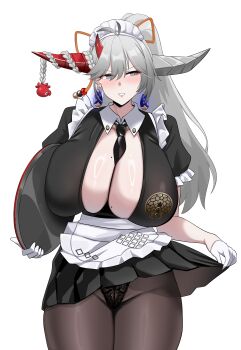  1girl absurdres asymmetrical_horns azur_lane between_breasts black_dress black_panties black_pantyhose blush breasts center_opening cleavage commentary_request dress earrings embarrassed gloves green_eyes grey_hair hakuryuu_(azur_lane) hakuryuu_(slice_dice_and_serve)_(azur_lane) half_gloves hci+ highres holding holding_tray horns huge_breasts jewelry lifting_own_clothes long_hair looking_to_the_side maid maid_headdress mismatched_horns mole mole_on_breast necktie necktie_between_breasts official_alternate_costume panties panties_under_pantyhose pantyhose red_horns revision short_sleeves simple_background solo tray underwear white_background white_gloves white_horns 