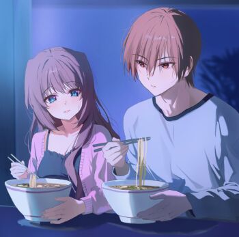  1boy 1girl a-chan_(little_busters!) alternate_costume black_camisole blue_eyes blurry blurry_background blush bowl brown_eyes brown_hair camisole cardigan casual chopsticks closed_mouth commentary_request food frilled_camisole frills frown hand_up holding holding_chopsticks indoors lips little_busters! long_hair long_sleeves looking_at_another miiizuno_lbs natsume_kyousuke night noodles open_cardigan open_clothes pink_cardigan ramen shirt short_hair sidelighting sidelocks sitting smile split_mouth tsurime upper_body white_shirt 