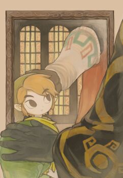  26_zzzzzz 2boys absurdres black_eyes blonde_hair commentary dark-skinned_male dark_skin different_reflection from_behind ganondorf green_hat hat head_out_of_frame headpat highres indoors link looking_at_another looking_up male_focus mirror multiple_boys nintendo parted_lips phrygian_cap pointy_ears reflection short_hair sidelocks the_legend_of_zelda the_legend_of_zelda:_ocarina_of_time the_legend_of_zelda:_the_wind_waker toon_link young_link 