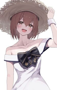  1girl absurdres anchor_symbol arm_up blush brown_eyes brown_hair commentary_request dress hat highres kantai_collection l_meet looking_at_viewer off-shoulder_dress off_shoulder official_alternate_costume open_mouth short_hair simple_background smile solo straw_hat sun_hat sundress upper_body white_background white_dress yukikaze_(kancolle) yukikaze_(summer)_(kancolle) 