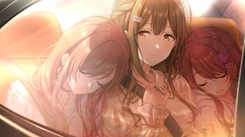  3girls alstroemeria_(idolmaster) braid brown_eyes brown_hair car_interior choker closed_eyes earrings game_cg hair_ornament hairclip idolmaster idolmaster_shiny_colors idolmaster_shiny_colors_song_for_prism jewelry kuwayama_chiyuki multiple_girls necklace official_art osaki_amana osaki_tenka red_hair seatbelt sleeping sleeping_on_person  rating:General score:1 user:shamga