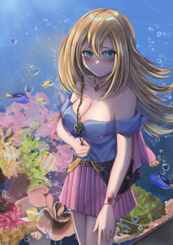 1girl absurdres aquarium bag bare_shoulders blonde_hair blue_shirt blush breasts casual cleavage closed_mouth collarbone dark_magician_girl duel_monster fish green_eyes highres jewelry large_breasts long_hair looking_at_viewer misakura_aoi necklace off_shoulder pink_skirt shirt shoulder_bag skirt solo water yu-gi-oh! rating:Sensitive score:10 user:danbooru