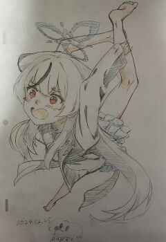 1girl animal_ears barefoot black_hair blue_archive colored_pencil_(medium) dress frills full_body halo highres kokona_(blue_archive) long_hair multicolored_hair open_mouth papiyon1297 photo_(medium) red_eyes sketch solo split standing standing_on_one_leg standing_split struggling tiger_ears traditional_media two-tone_hair white_hair rating:Sensitive score:4 user:danbooru