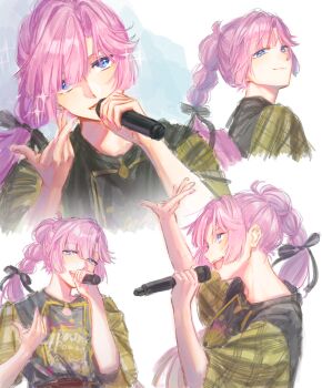  1girl 5th_live_tour_~4pair_power_spread!!!!~ :d absurdres anyoji_hime arm_up black_ribbon black_shirt blue_eyes closed_mouth commentary curtained_hair hair_ribbon highres holding holding_microphone ichigo_milk_love link!_like!_love_live! long_hair looking_at_viewer love_live! microphone multi-tied_hair multiple_views music open_mouth pink_hair plaid_clothes plaid_sleeves ponytail ribbon shirt sidelocks singing smile t-shirt virtual_youtuber yellow_sleeves zenma_trang 