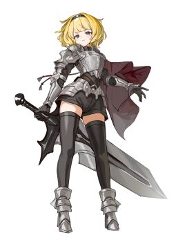  1girl absurdres arm_guards armor armored_boots belt black_eyes black_hairband black_shorts black_thighhighs blonde_hair boots bracer breastplate brown_belt cape chinese_commentary closed_mouth commentary_request djeeta_(granblue_fantasy) full_body granblue_fantasy hairband highres holding holding_sword holding_weapon huge_weapon looking_at_viewer medium_hair mole mole_under_eye pauldrons red_cape shiro_wa_(shiroshironix) short_shorts shorts shoulder_armor simple_background solo sword thighhighs weapon white_background 