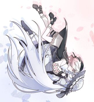  2girls beret black_hat black_shoes commentary commission dress english_commentary face-to-face falling flower frilled_dress frilled_sleeves frills full_body gradient_hair hat hat_flower highres long_hair long_sleeves looking_at_another mahou_shoujo_no_majo_saiban multicolored_hair multiple_girls pink_eyes profile sakuraba_ema second-party_source shilizi shoes short_hair shorts smile socks spoilers tsukishiro_yuki upside-down white_background white_dress white_flower white_hair white_hat white_shorts white_socks 