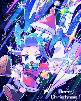  1girl :o ball_hands belt black_belt blue_bow blue_bowtie blue_hair blush_stickers bow bowtie brown_shoes chibi chibi_only christmas commentary dress english_commentary floating_hair full_body fur-trimmed_dress fur-trimmed_headwear fur_trim green_eyes hair_floating_upwards hat hatsune_miku highres long_hair long_sleeves merry_christmas open_mouth outstretched_arm paper_airplane red_dress red_hat santa_costume santa_dress santa_hat shoes solo striped_bow striped_bowtie striped_clothes twintails usa_motou v-shaped_eyebrows vocaloid 