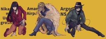  1girl 2boys bad_id bad_twitter_id black_hat black_pants blunt_bangs cloak collarbone collared_suit commentary_request devil_summoner:_soul_hackers devil_summoner_(series) fedora full_body gump_(devil_summoner) hand_on_ground hat hat_over_one_eye holding_tube instrument jacket judah_singh kouichirou_urabe looking_ahead looking_at_viewer multiple_boys naomi_(soul_hackers) one_eye_covered pants pantyhose popped_collar raven_croow red_jacket saxophone watch wristwatch yellow_background 