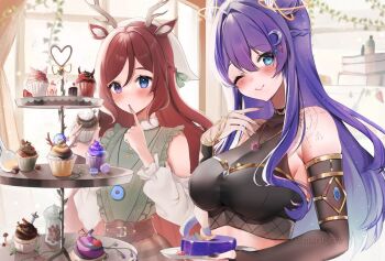  2girls animal_ears antlers black_nails blue_eyes blush braid breasts brown_hair closed_mouth commentary crescent crescent_hair_ornament cupcake deer_antlers deer_ears deer_girl food hair_ornament heart heterochromia holding horns indie_virtual_youtuber jelly_doughnut_(vtuber) jewelry kouko_elaini long_hair maru_ccy multiple_girls necklace one_eye_closed purple_eyes purple_hair second-party_source see-through_cleavage see-through_clothes smile twitter_username virtual_youtuber 
