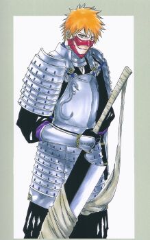  1boy armor bleach brown_eyes closed_mouth holding holding_sword holding_weapon japanese_clothes kubo_tite kurosaki_ichigo male_focus official_art orange_hair second-party_source shihakusho shikai short_hair smile spiked_hair sword weapon zangetsu_(shikai) zanpakutou 